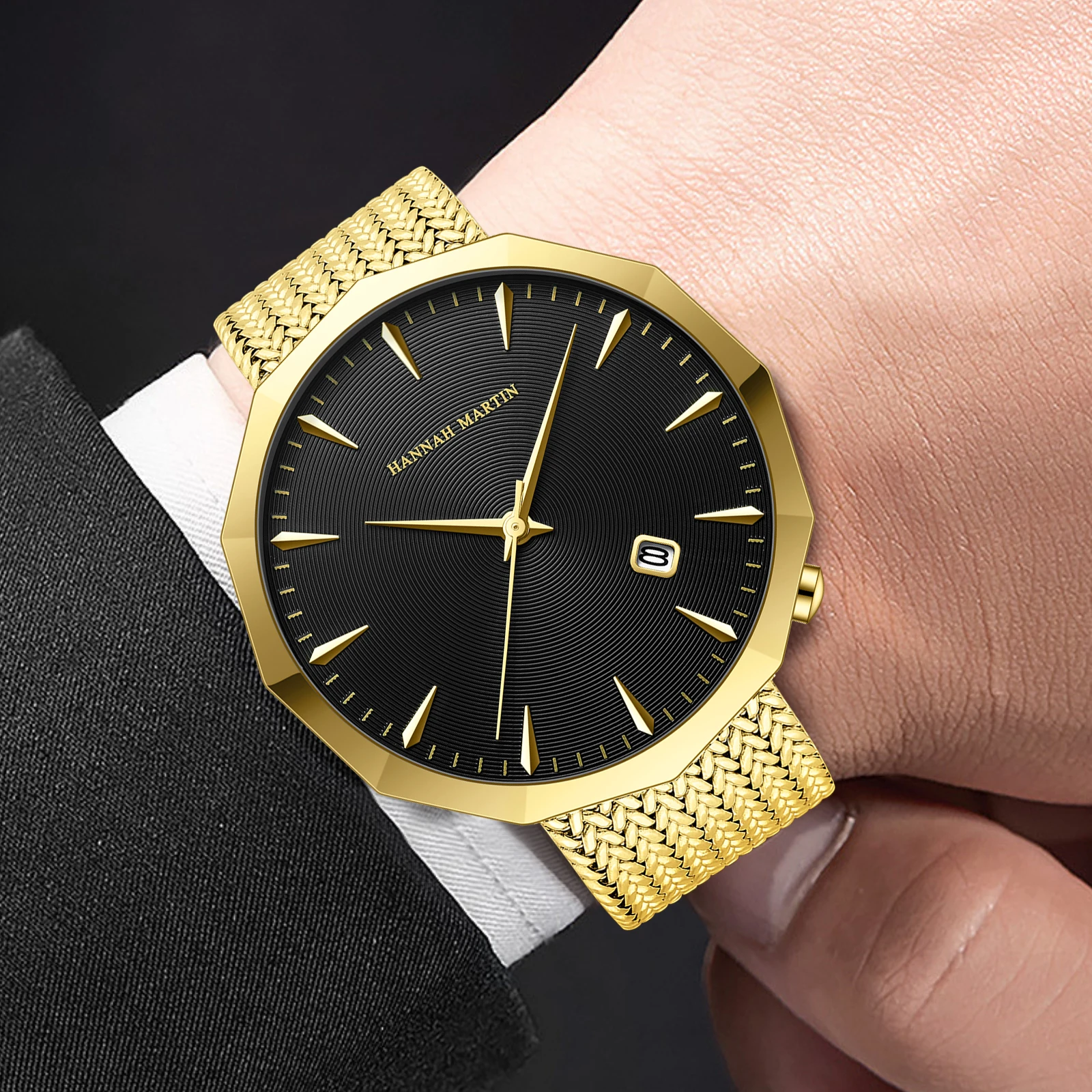 2025 جديد الرجال الفولاذ المقاوم للصدأ ساعة موضة مضلع الهاتفي هانا مارتن الأصلي اليابانية حركة الكوارتز شبكة القش ساعة معصم