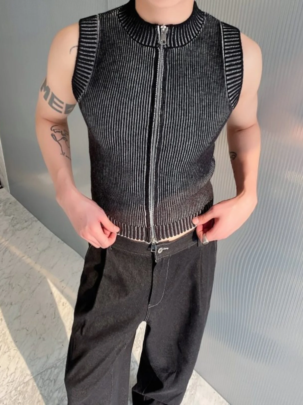 

Spring Summer New Sle Fitn ort Knitted Vest Men's Stand Collar Zipper Svel Versatile Trendy Youth Bodybuilding Top