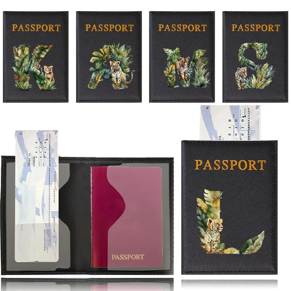 Passport Holder Travel Wallet Leather Passport Cover Cards Travel Wallet Document Organizer Case Jungle Tiger Letter NamePattern