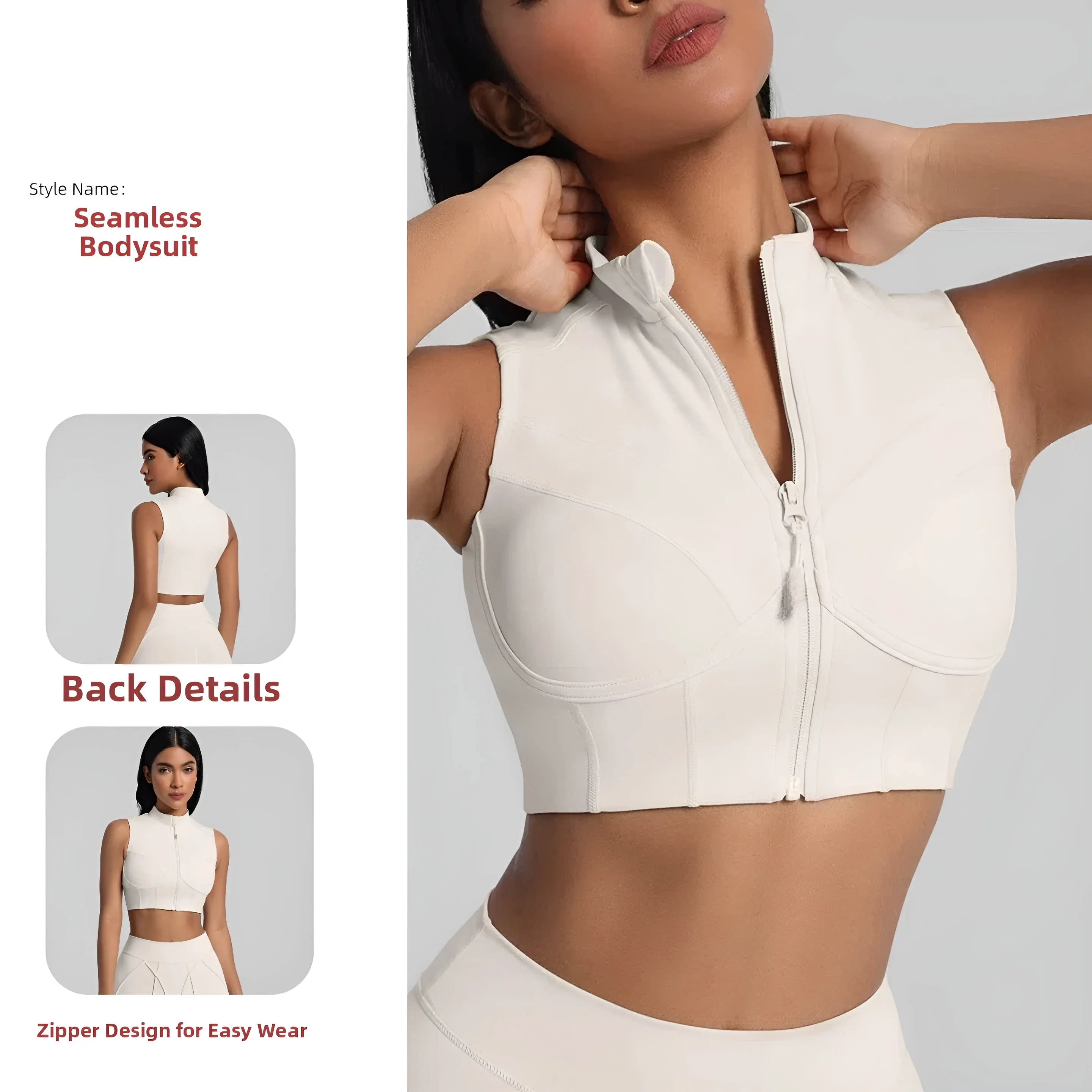 

Модный белый укороченный топ без рукавов с высоким воротником на молнии для женщин, бесшовный топ для тренировок, бега, спортзала, йоги, пилатеса