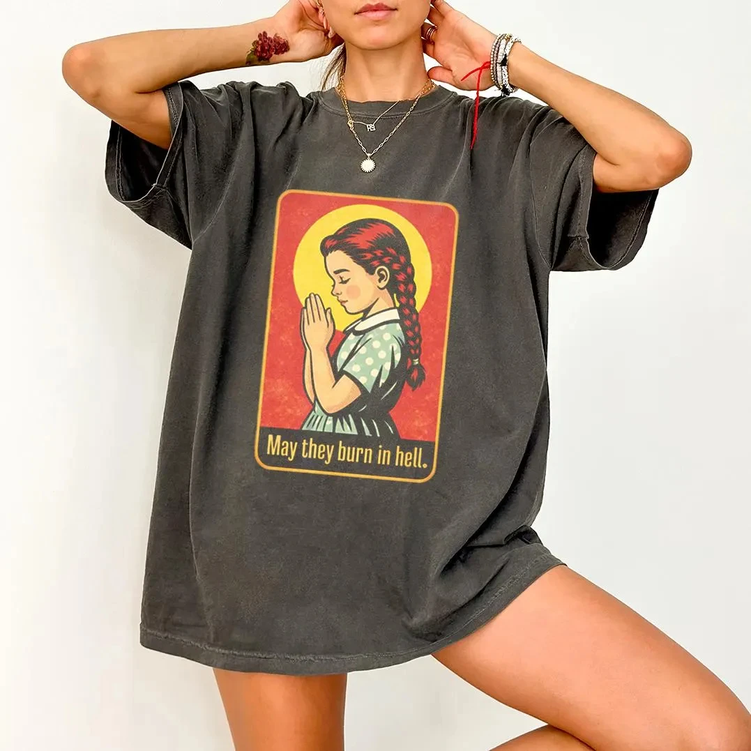 2026 Sommer Damen Vintage Gebetsmädchen Grafik T-Shirt aus Baumwolle, atmungsaktiv, Kurzarm, Streetwear, Oversized, Locker, Lässig