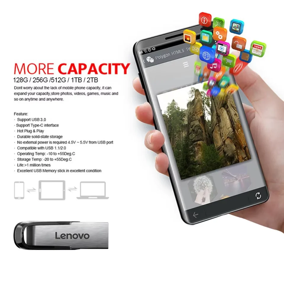 لينوفو 2 تيرا بايت بندريف محرك فلاش USB المعادن U القرص 1 تيرا بايت 512 جيجابايت المحمولة SSD USB القلم محرك 128 جيجابايت لسوني لينوفو اللوحي محرك الذاكرة