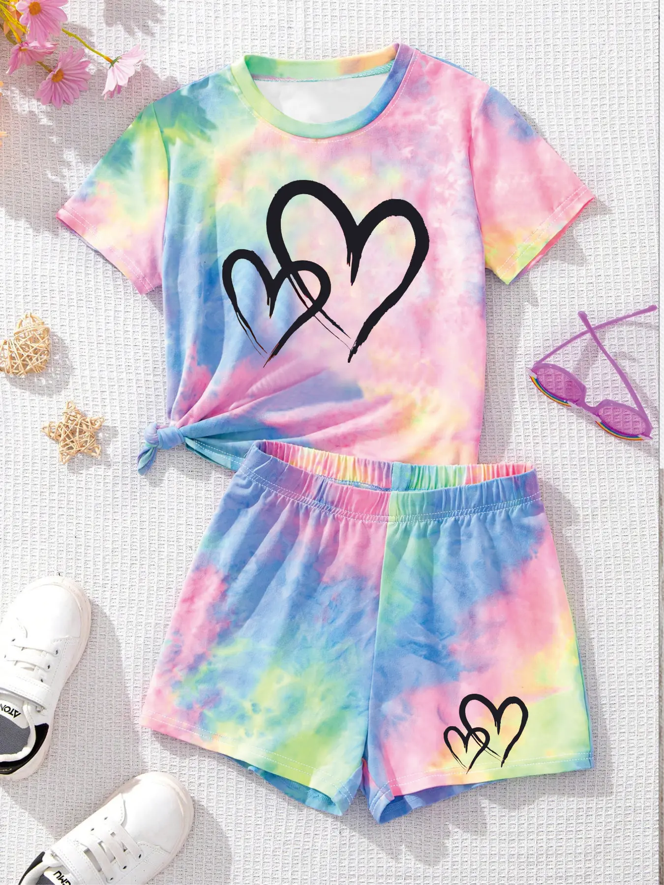 Comfy Kids Girls 2-Piece Tie Dye Outfit, Soft Fabric Black Heart Print T-Shirt & Shorts for Daily & Play