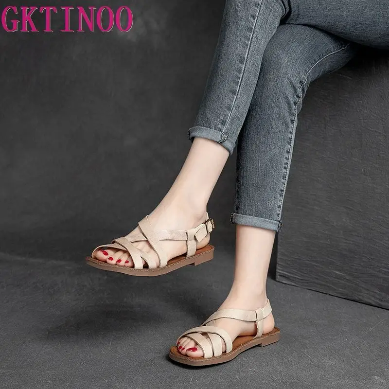 GKTINOO Summer Sandals Ladies Open Toe Genuine Leather Women Sandals New Hollow Retro Handmade Comfortable Outdoor Beach Shoes