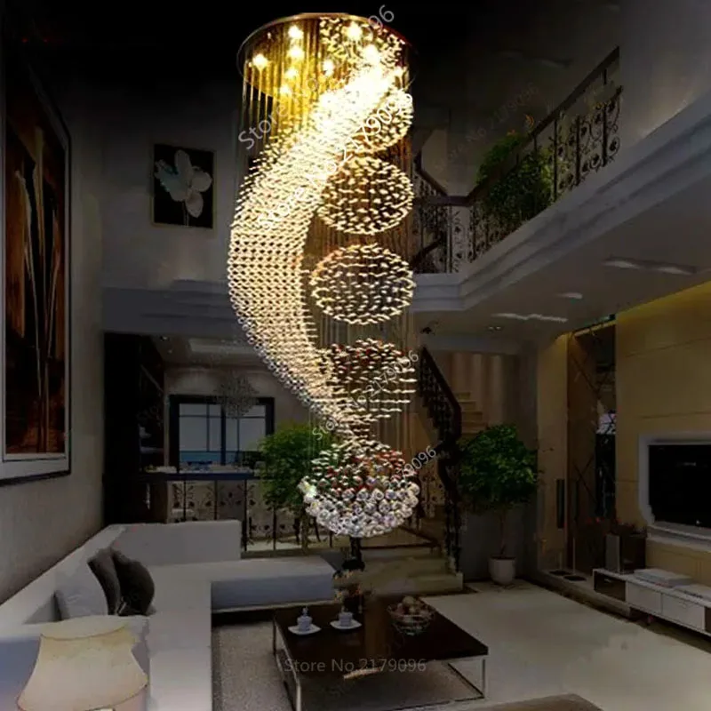 long double staircase modern chandelier lamp  LED crystal llights stylish hotel project Villa hall lighting suspension wire