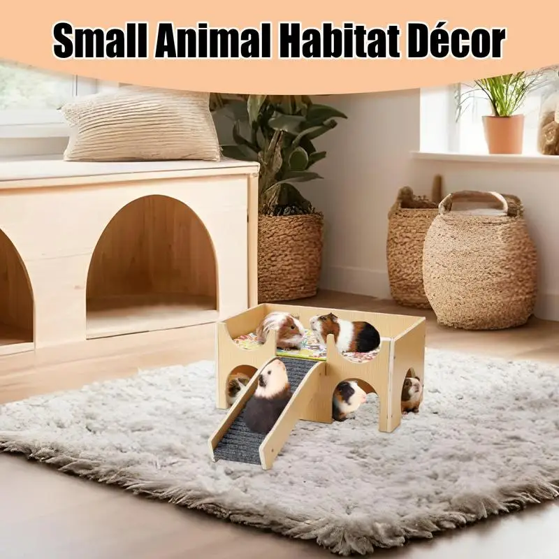 

Hamster Hide Wooden Gerbil House 2-Layer Pet Animal Hideouts Habitat With Stairs For Hedgehog Hamster Guinea Bunny Exercise