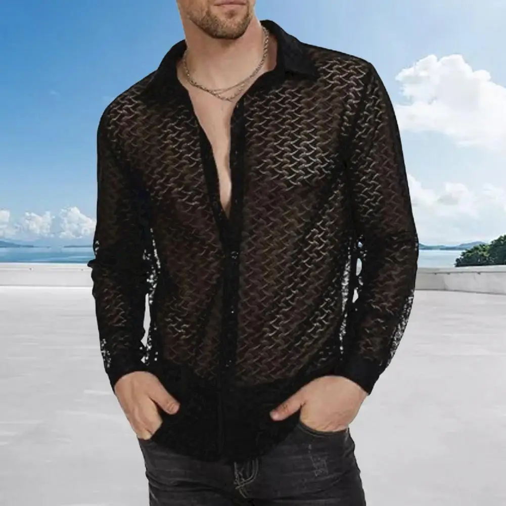 Vacation Shirt Men\'s Lace Mesh Cardigan with Turn-down Collar for Summer Vacation Beach Wear Sheer Long Sleeve Shirt for Stylish