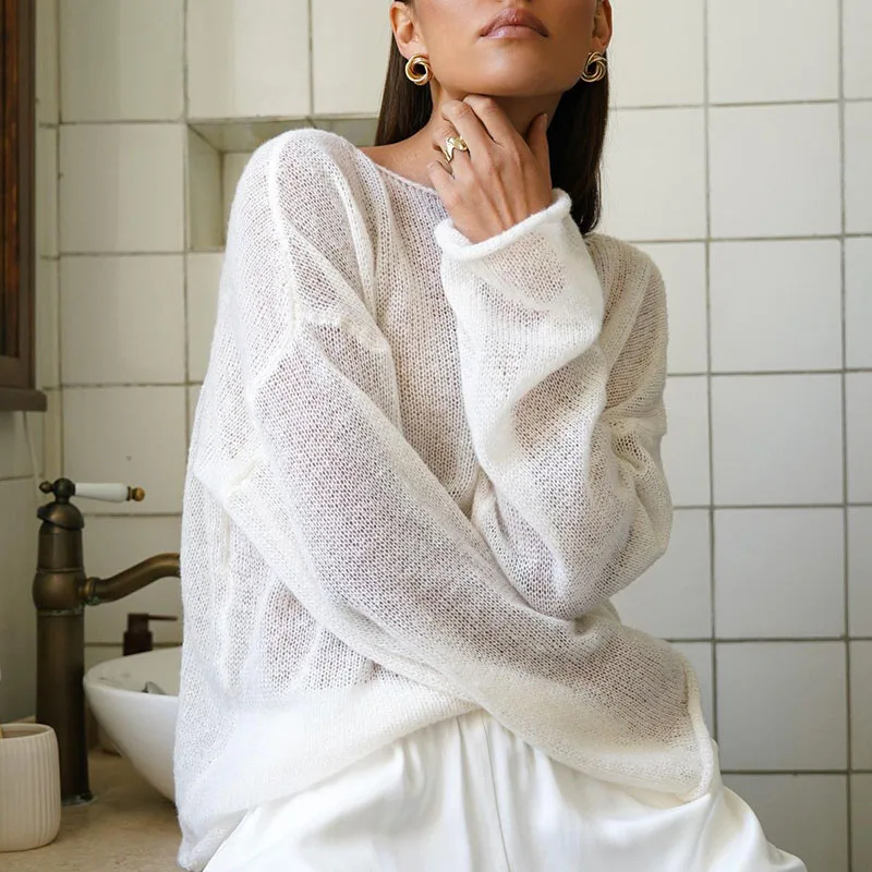 Pull Amissié Blanc et Marron pour Femme, Vêtement Sexy, Épicé, Col Rond, Manches Évasées, Printemps Été, MY0106