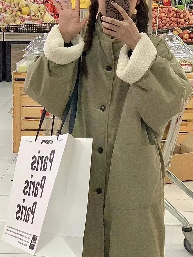 

Женское хлопковое платье из меха ягненка с большими кетами, осенне-зимнее теплое двустороннее пальто свободного покроя