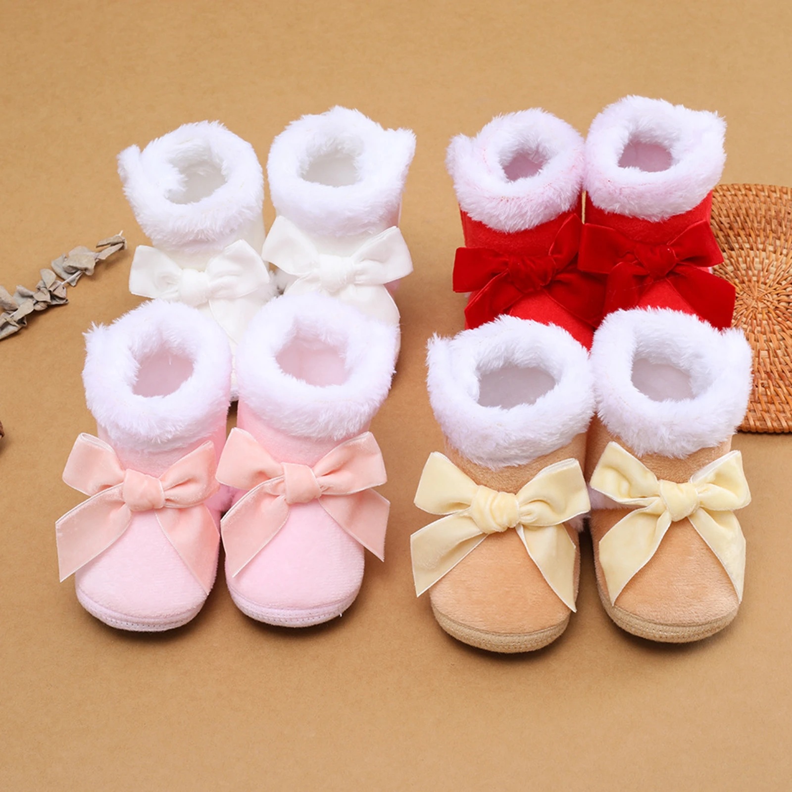 0-1 Year Toddler Baby Girl Shoes Newborn Infant Anti-Slip Home Patch Color Big Bow Plush Warm Sneakers Casual Party Winter Boots