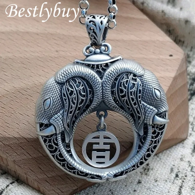 

New S999 Sterling Silver Vintage Fashionable Hollowed Out Lace Auspicious Elephant Pendant Men's and Women's Gift