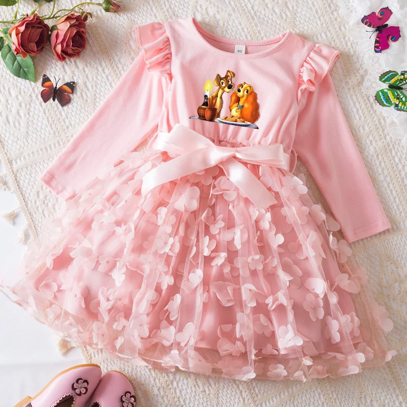 Lady and the Tramp Girl Baby Dresses primavera autunno bambino manica lunga Sweet Princess Dress Mesh neonato Dress Birthday Party 2-6Y