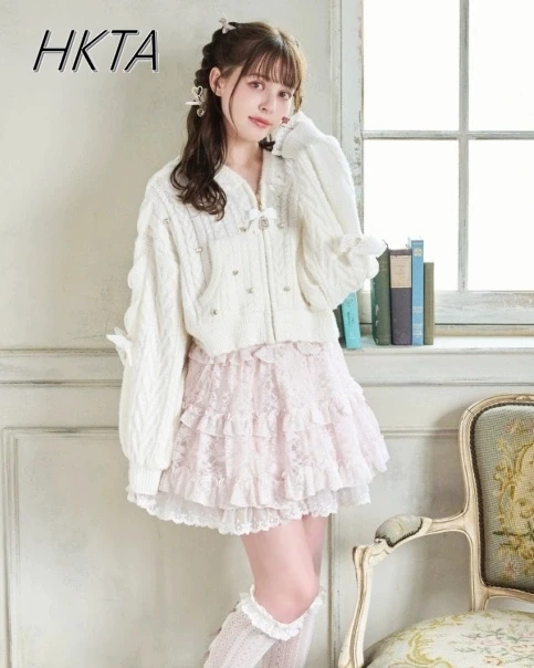 Japanese Lace Bow Waist Cover Hip High Waist Slimming Lace Mini Skirt Women Sweet Cute Girl Cake Skirt Female Short Liz Skirts