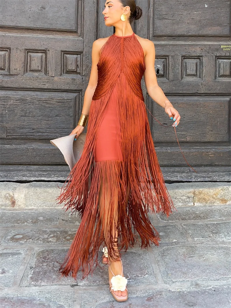 

Tassel Prom Dress Green Brown Sexy Sleeveless Sheath Banquet Party Bridal Gown Formal Guest Wedding Birthday Robe