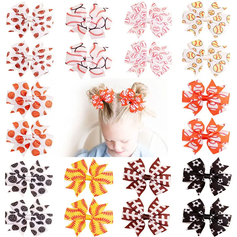 

2Pcs Football Print Bows Hair Clips For Girls Ribbon Grosgrain Bowknot Headwear Barrettes Basketball Boutique Hair Accessories