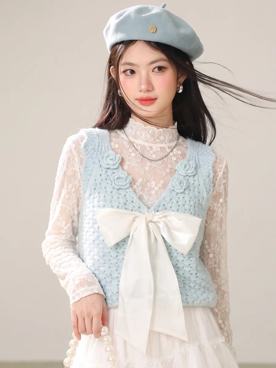 Sweet Style Knitted Open Cardigan Vest Women's V-neck Sleeveless Loose Anti-aging Trendy  Knot Soft Hand-feel Floral...