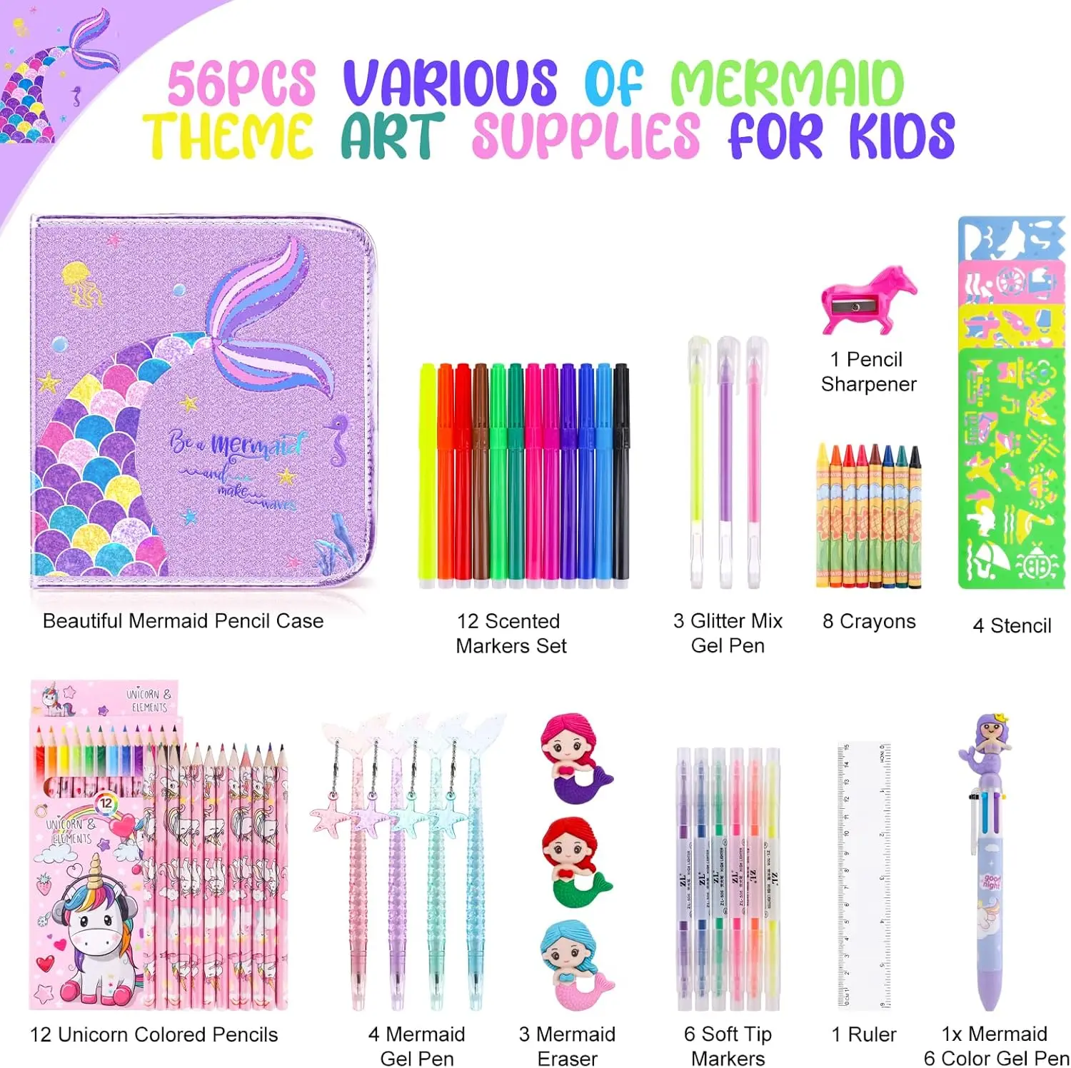 Mermaid Painting Set with Pencil Markers Coloring Drawing Kits for Kids with Pencil Case Art Supplies for Kids Ages 3+
