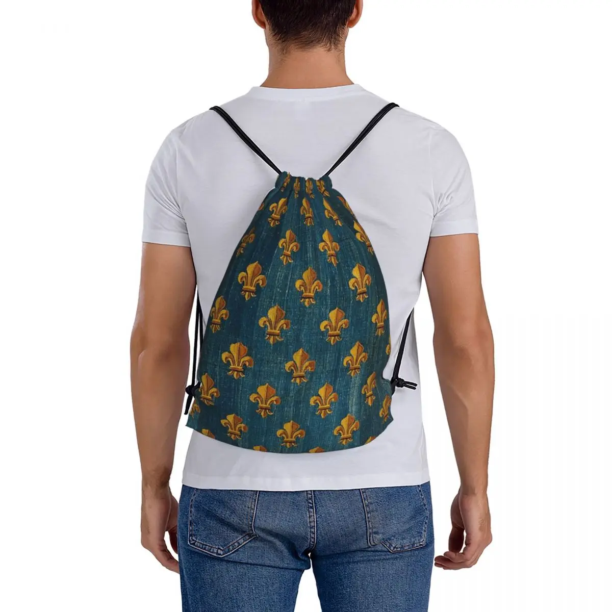 Gold Fleurs De Lys In Blue Antique French Tapestry Backpacks Drawstring Bundle Pocket Sports Bag Book Bags for Travel School