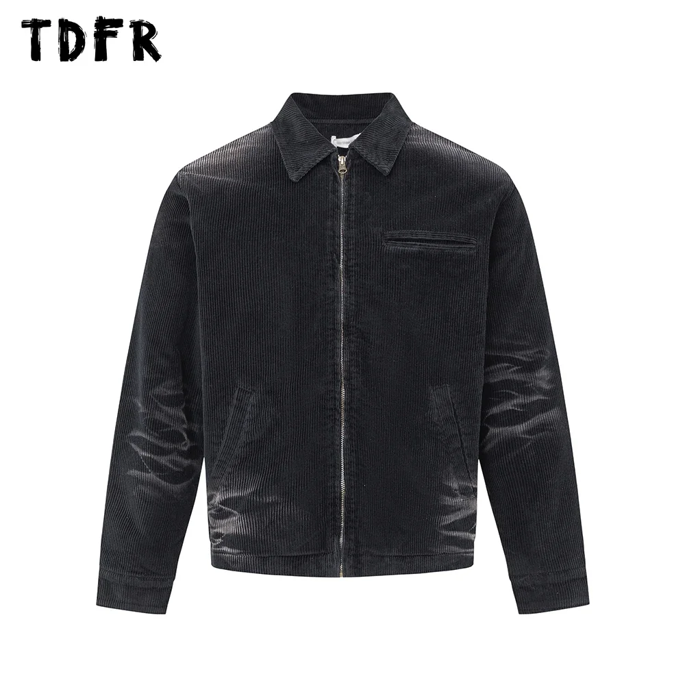 Corduroy Washed Distressed Jacket Mens Retro Streetwear Autumn Winter Fleece Long Sleeve Loose Lapel Thick Outerwear Men