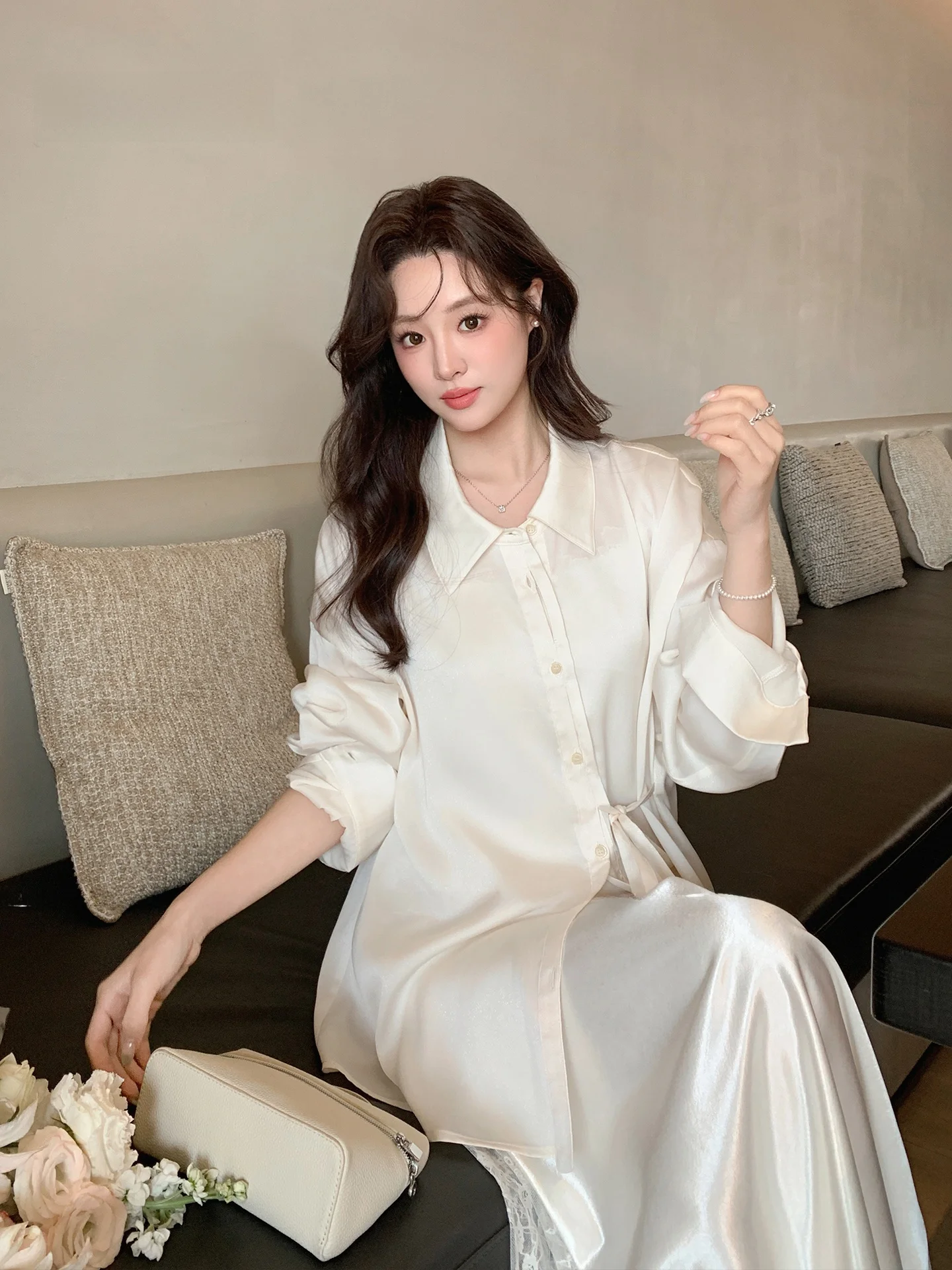 

Ele Loose Fit oulder irt Women's Belted Waist Slimming Top Starry Night Design Polyester Fiber Long Sve Button up