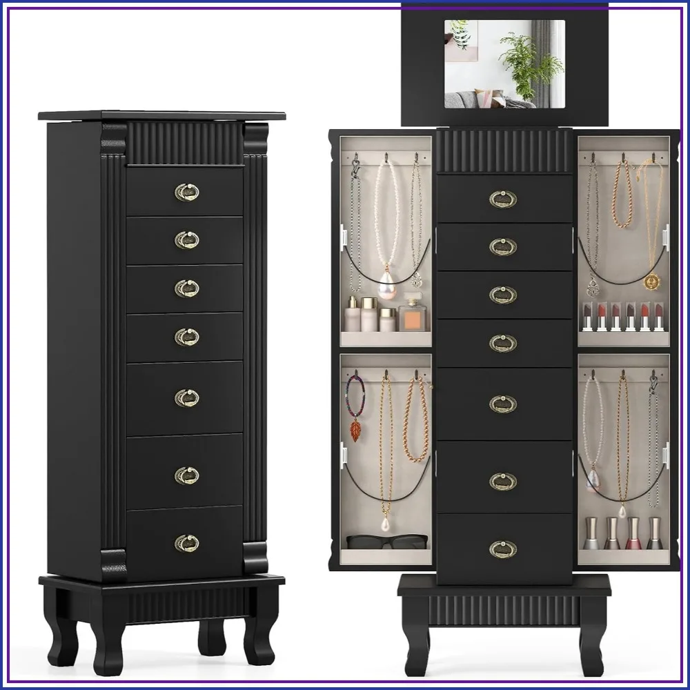 Jewelry Armoire Standing Jewelry Box with Mirror and 7 Drawers, Black