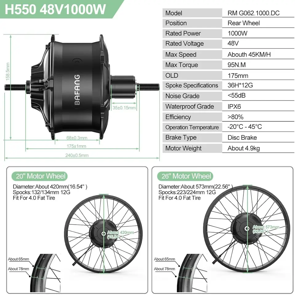 48V1000W Rear Hub Motor Kit - Snow Ebike Conversion Kit for 20"/26" Fat Tire Rear Wheel Bikes for Snow/Beach Bikes Electr image 3