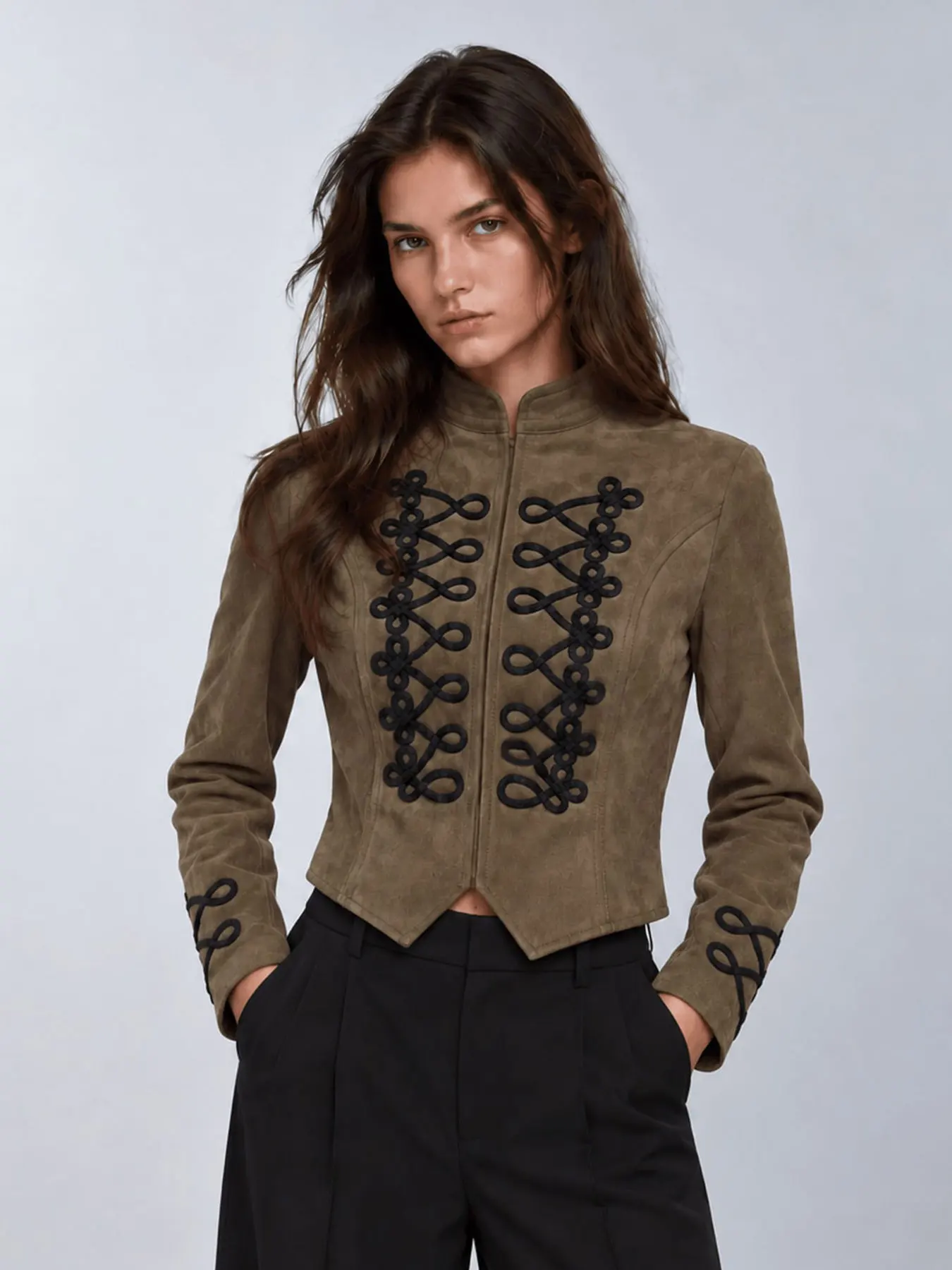 HH Fashion Female Faux Suede Stand Collar Cropped Coat Black Knot Embellishment Jacket Casual Autumn Party Long Sleeve Outerwear