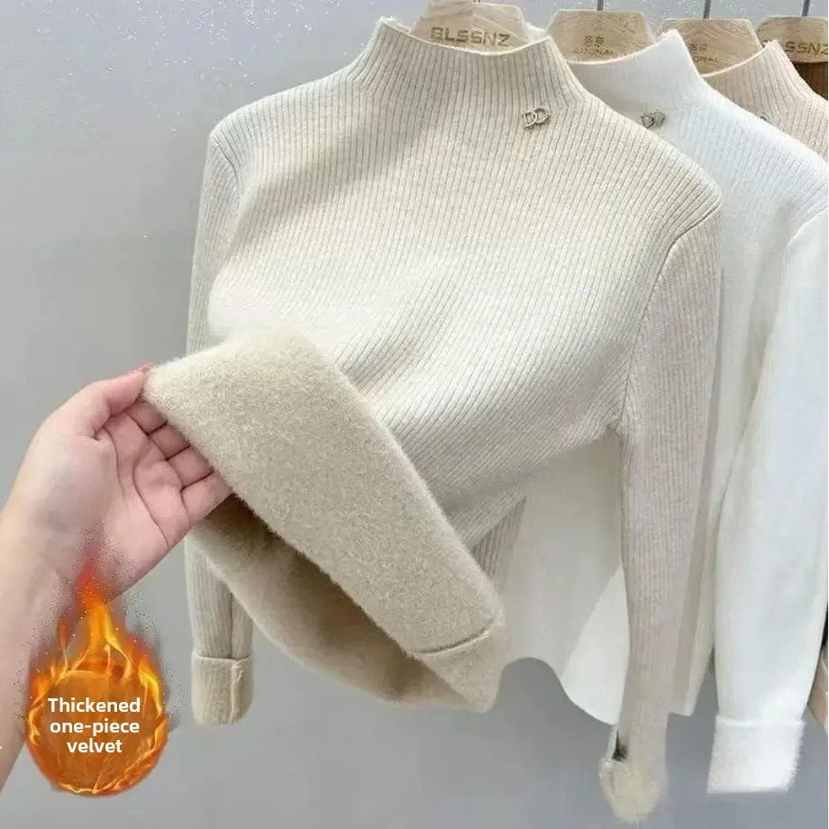 女性のフリース裏地付き厚手ニットハーフハイカラーセーターインナーウェア秋冬新スタイルベースシャツトップ