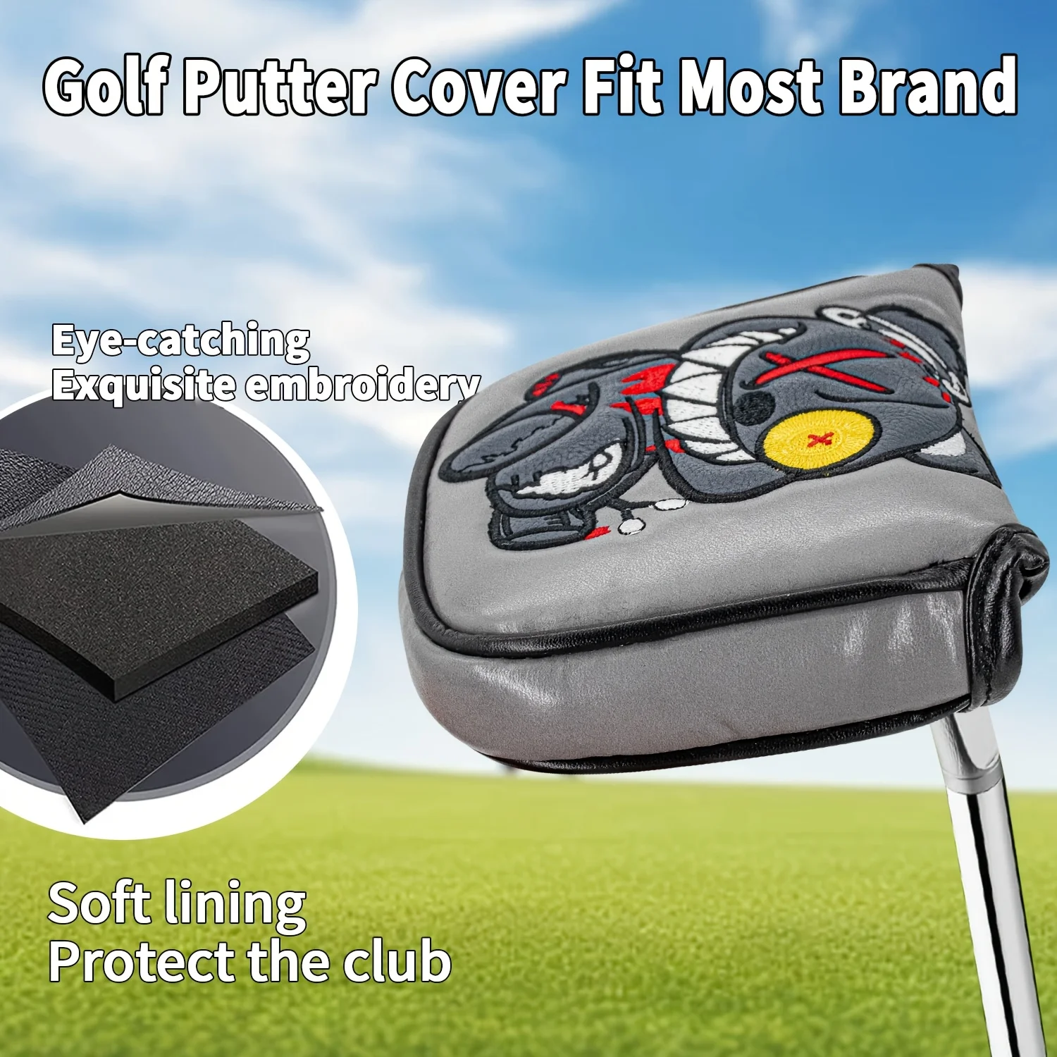 1pc Monocled Bear Design Golf Putter Cover - PU with Advanced Embroidery Suitable for Most Brands, Mallet Head, view 4