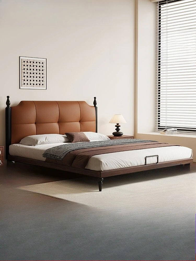 Bed 2025 new medieval French retro all solid wood leather small apartment master bedroom double bed