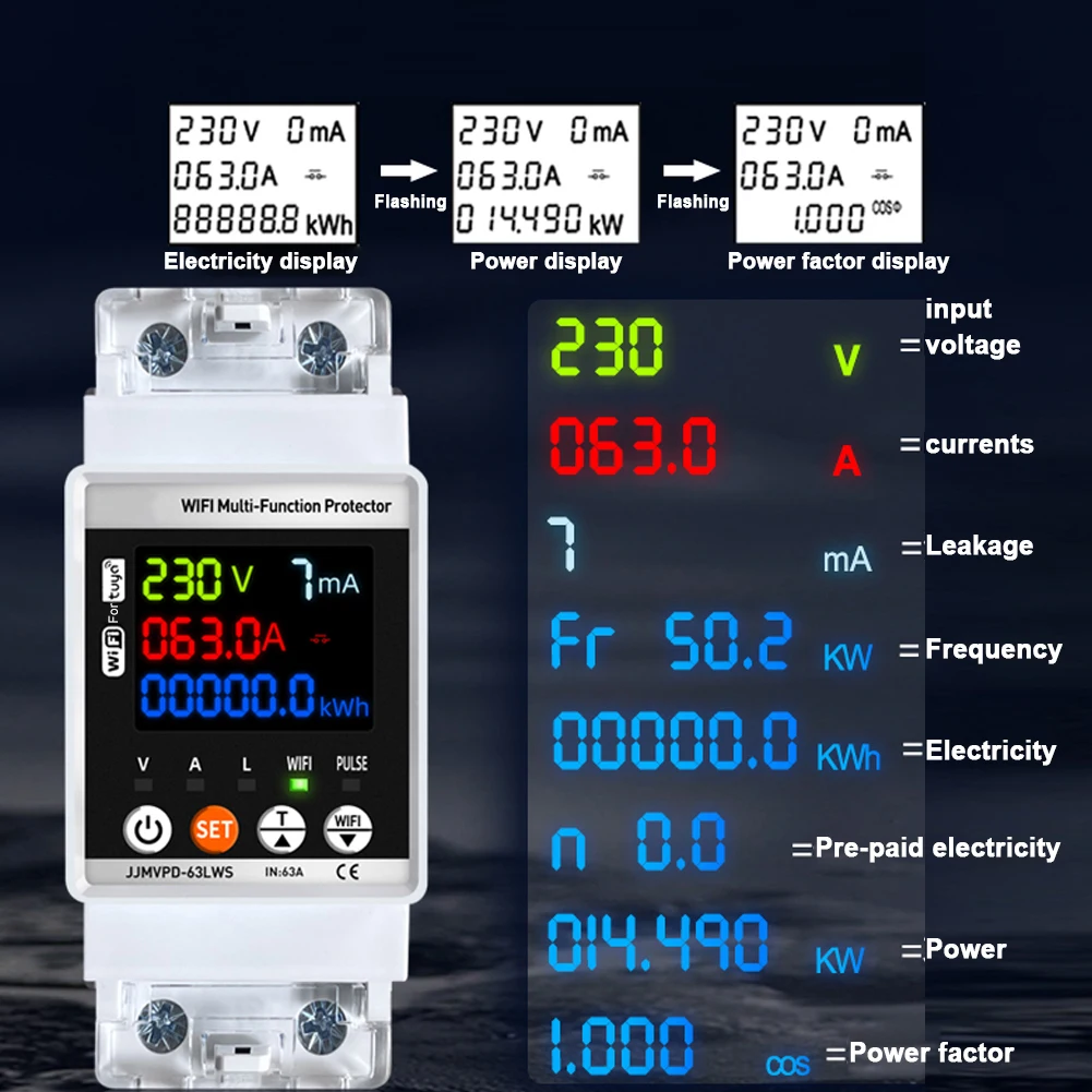 1pc 63A WiFi Power Meter Automatic Voltage Protection Circuit Breaker For Tuya Electrical Management Equipment Parts