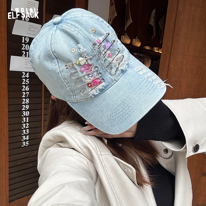 ELFSACK Women's Y2K Distressed Denim Baseball Cap, Bead Embellished Washed Jean Dad Hat, Adjustable Streetwear Sun Hat