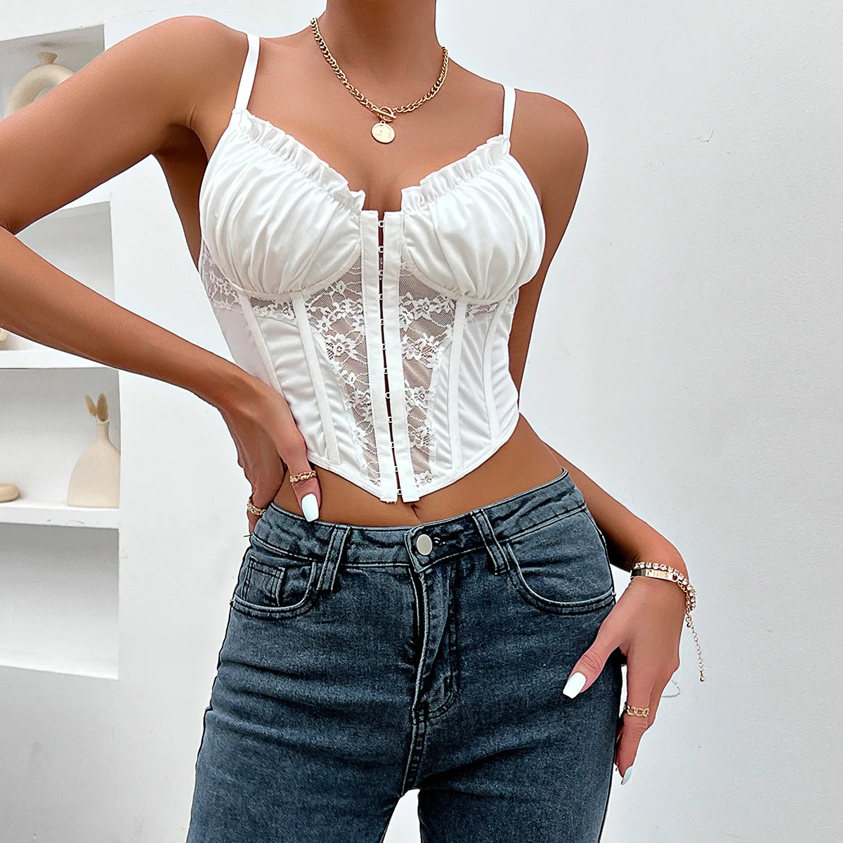 Sexy Cami Top Lace Satin Ruffle Spaghetti Strap Party Crop Top Deep V Front Zip Outfits Corset Y2K Fashion Bustiers for Women