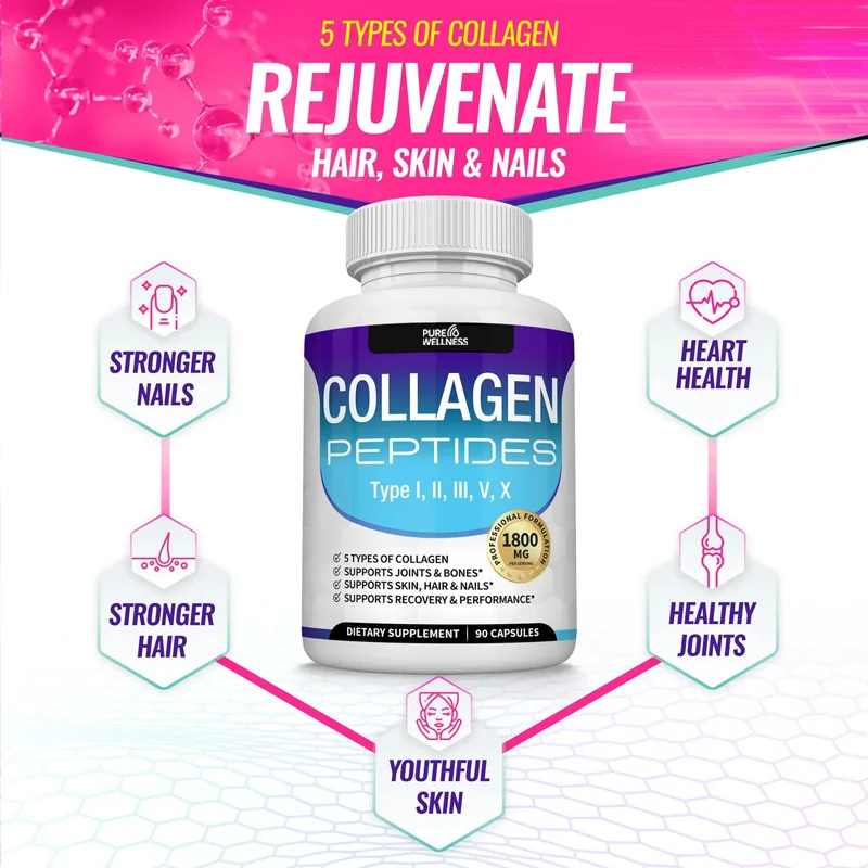 الببتيدات الكولاجين 1800 مجم - الشعر والبشرة، المضادة للشيخوخة - الأنواع I،ii،iii،v،x، المفاصل والعظام