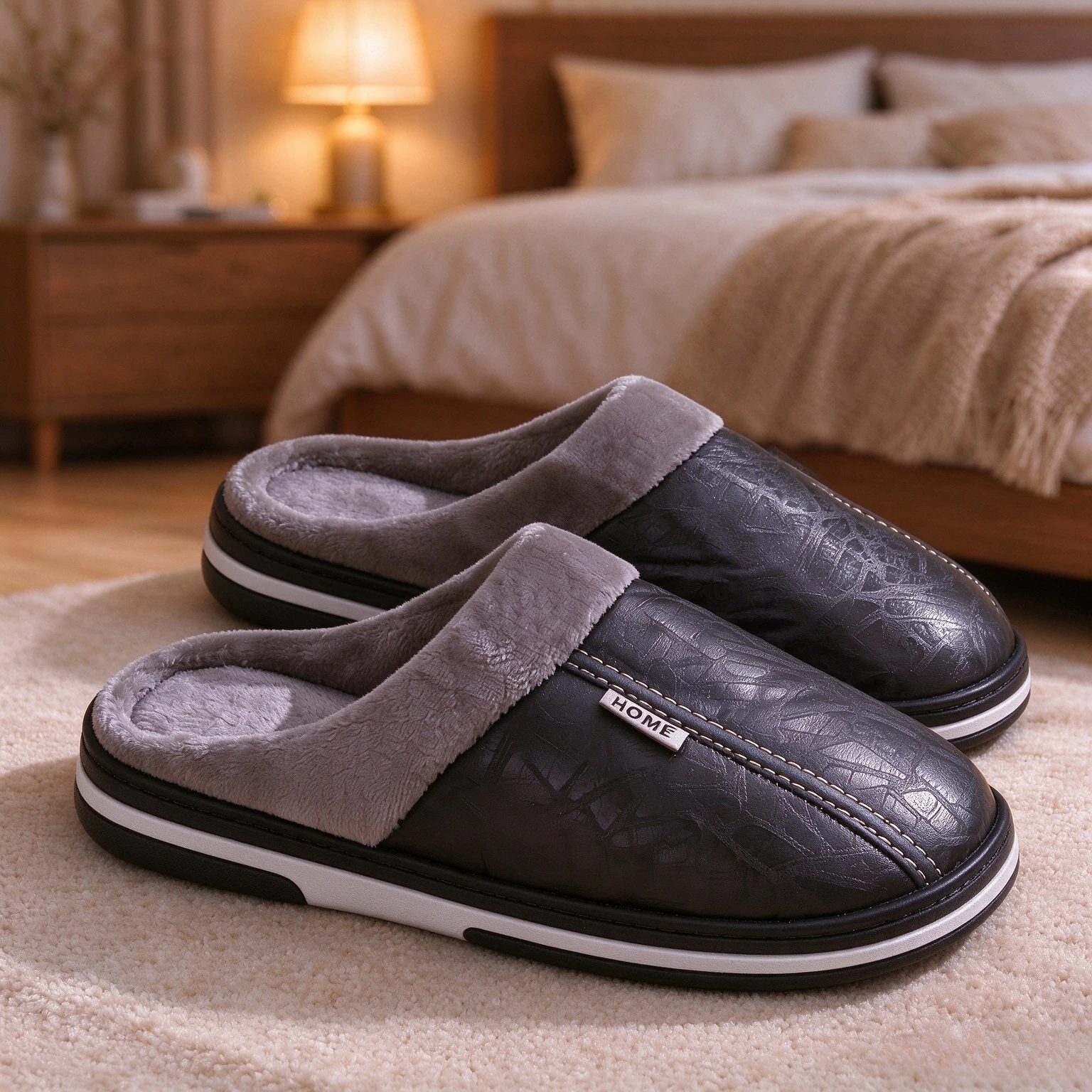 Couple Winter Waterproof PU Slippers, Fur Lined Warm Indoor House Shoes, Anti Slip Sole Bedroom Home Slippers For Men Women