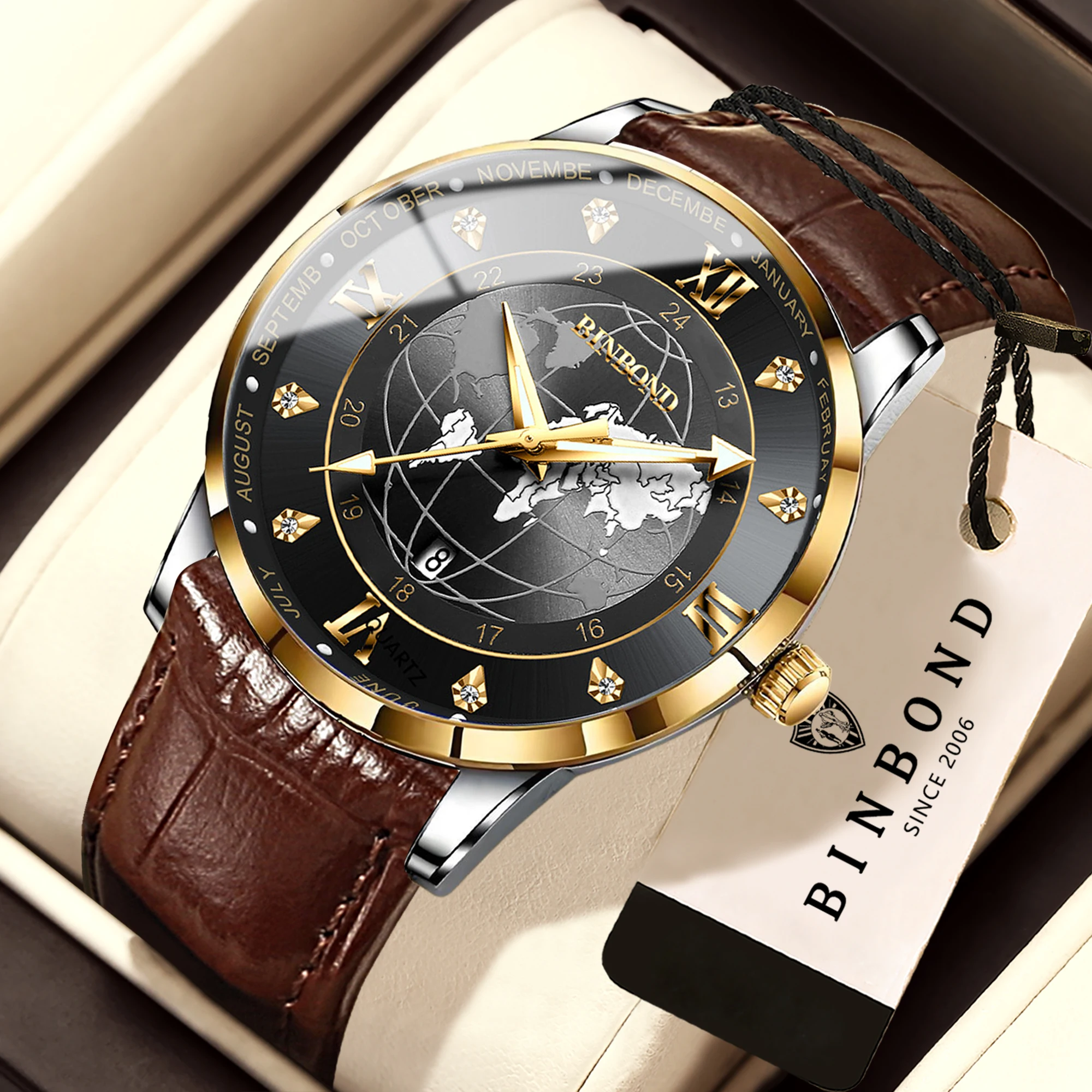BINBOND Orginal Regalos Para Hombres Montres Hommes Luxury Quartz Watches For Men Luminous Waterproof Men's Watch Earth +Box