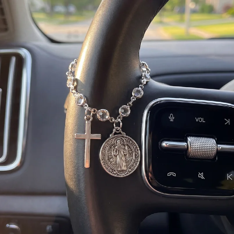 Catholic Protection Rosary Car Accessory St. Benedict Medal & Cross Pendant For Auto Interior Decor Religious Protection Pendant