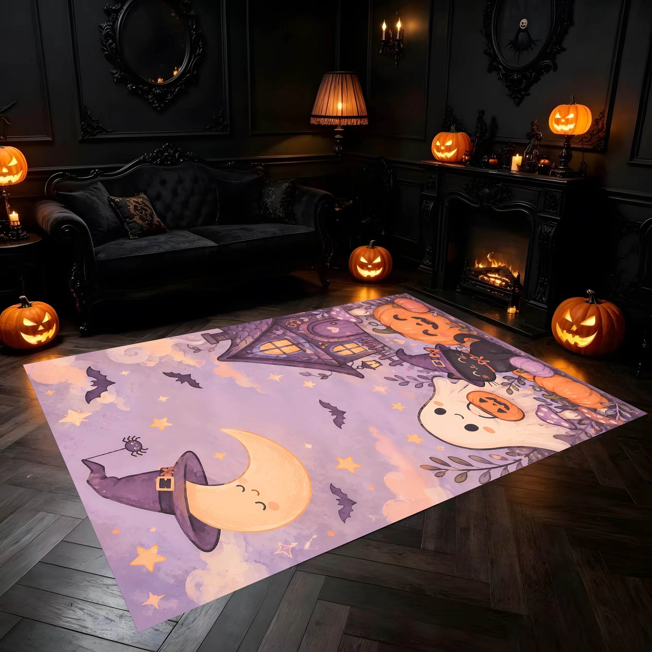 Velvet Rug Cute Ghost Pumpkin Magic House Bat Crescent Moon Pattern for Entrance Bedroom Living Room Decor