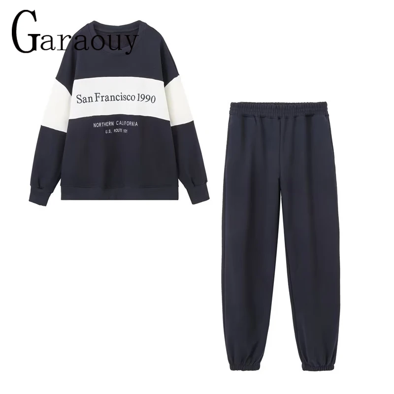 Garaouy 2023 Chic Women Y2K Clothes Contrast Embroidery Versatile Oversized Tracksuit Sweatshirt Pullover Sportpants Cargo Pants