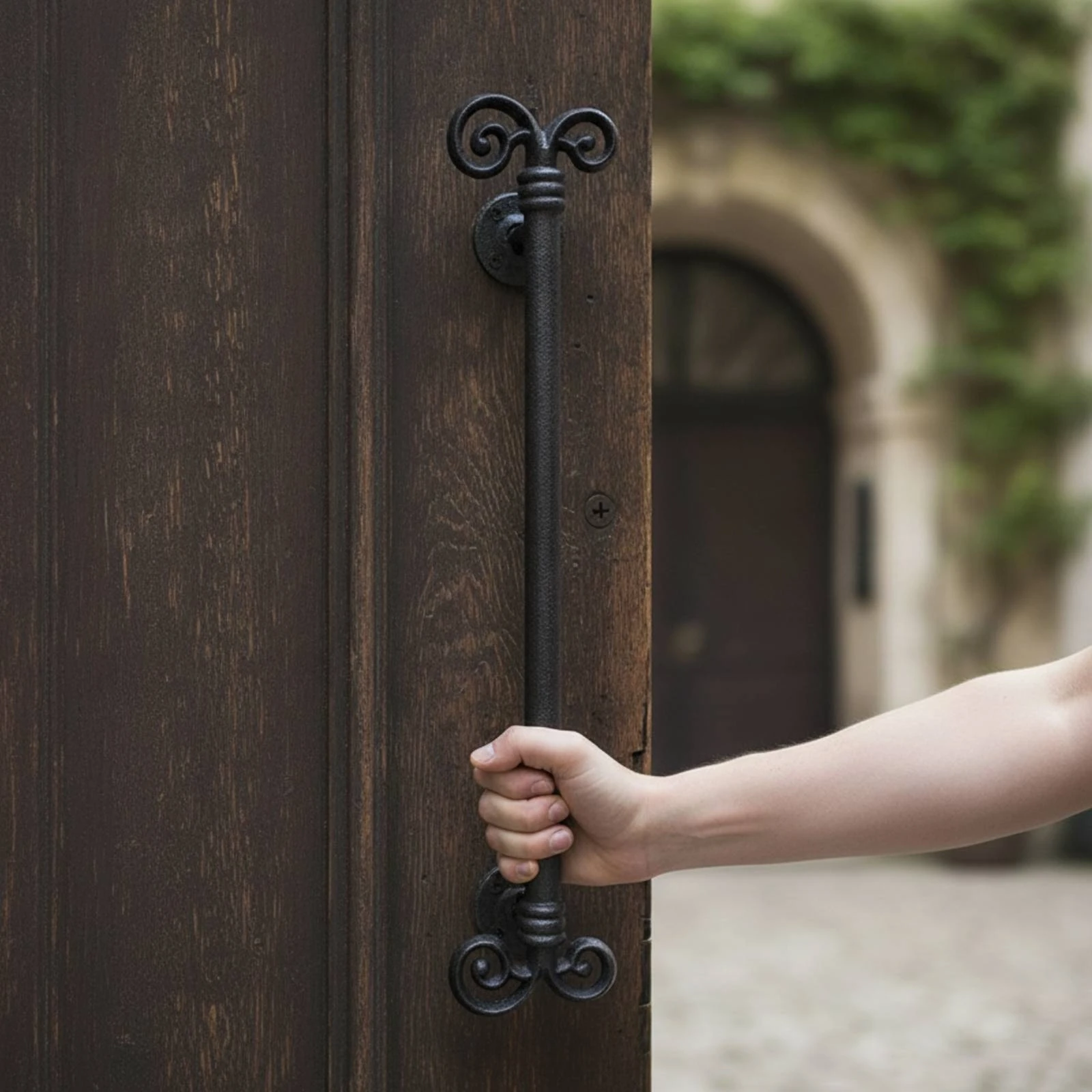Cast Iron Door Pull Handle Black Finish Vintage-Style Door Pull with Scrollwork Hardware Antique for Gates, Grand Entrances