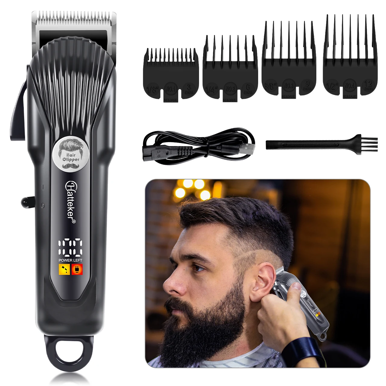 

Hatteker Electric Hair Trimmer Professional Adjustable Four Levels Razor Head Intelligent Digital Display Salon Haircut Machine