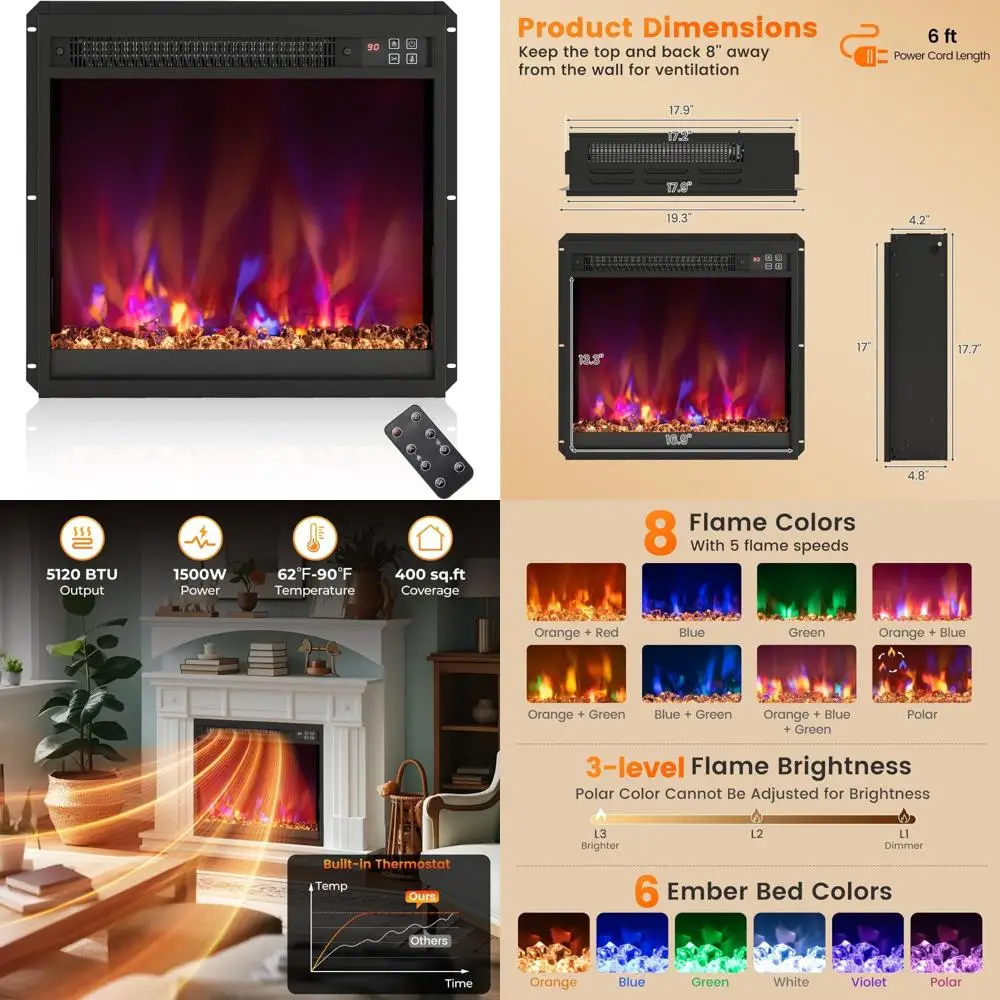 

Электрический камин, 18 встраиваемых обогревателей, 1500 Вт, с дистанционным управлением, регулируемым пламенем и таймером 0,5–9 часов, длительное тепло для вашего