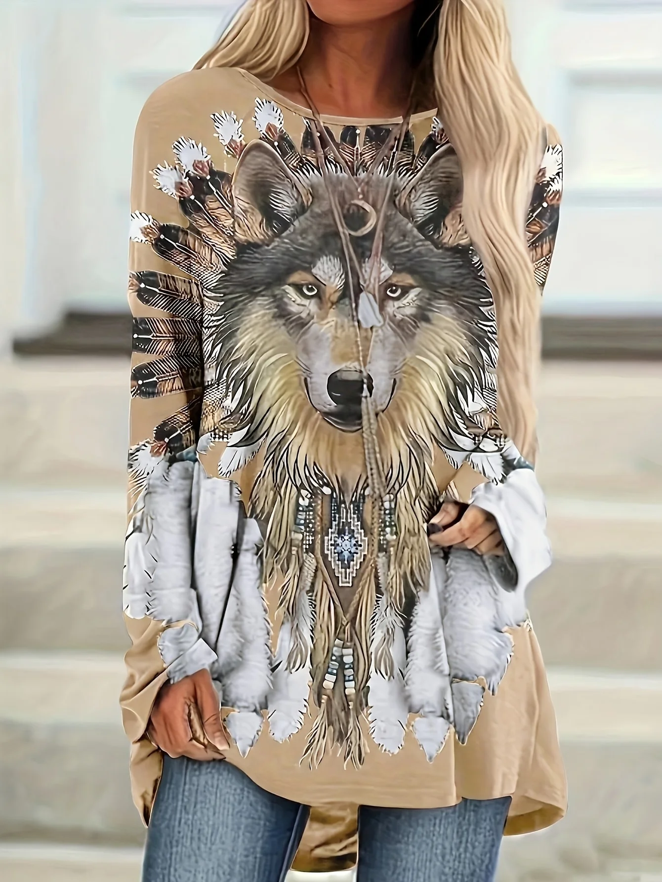 

Women's Printed Round Neck Western Style Raglan Sleeve Loose T-shirt Tops