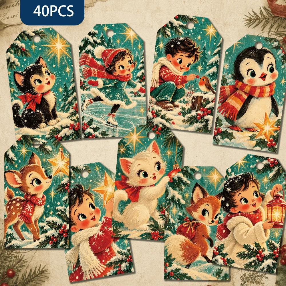 40pcs, Gift Tags, Vintage Cute Cartoon Christmas, Hanging Paper Labels for Gift Wrapping, Holiday Party Decor with String