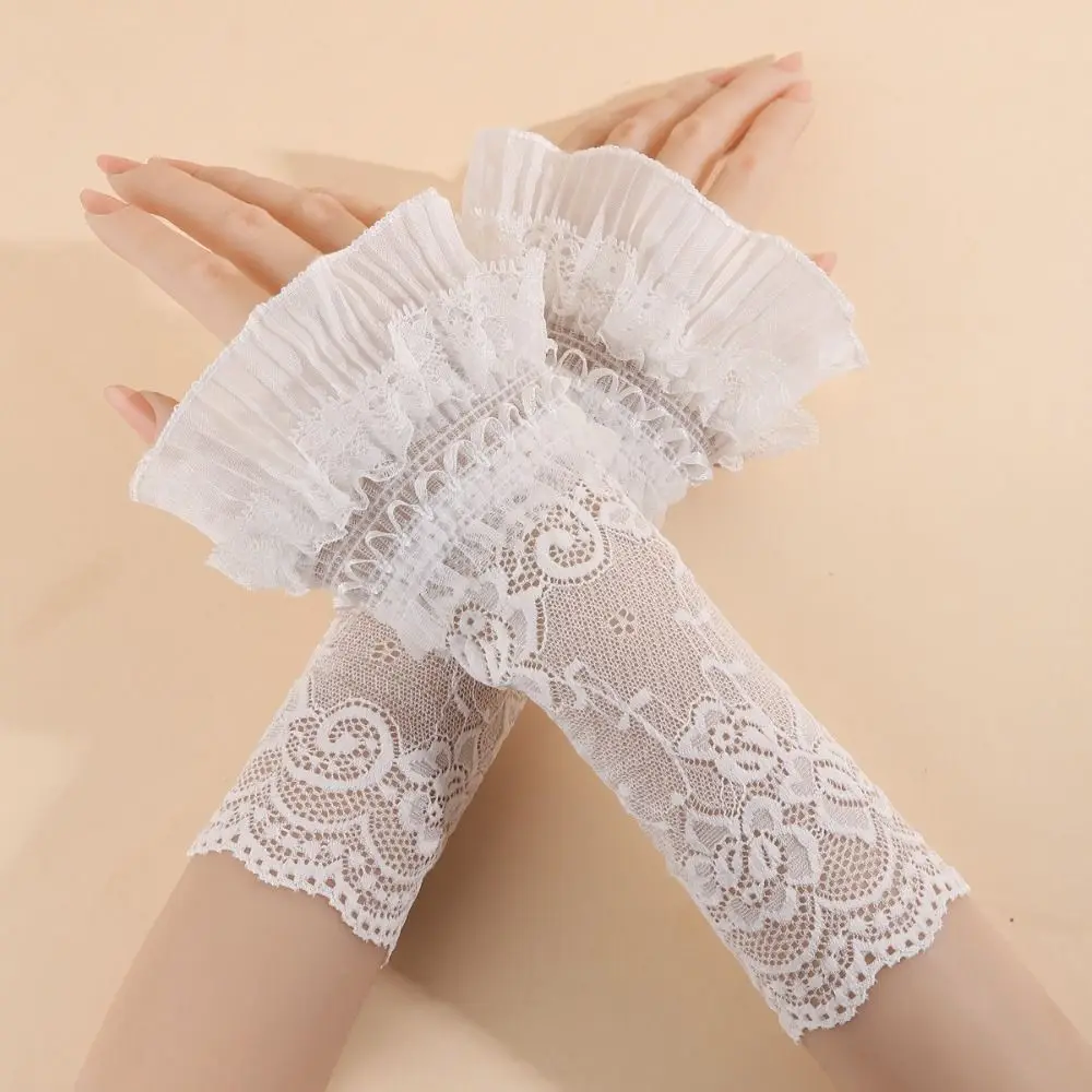 Fashion Long Lace Cuff Embroidery White Black Arm Sleeves Cuffs With Ruffles Lolita Sleeve Women