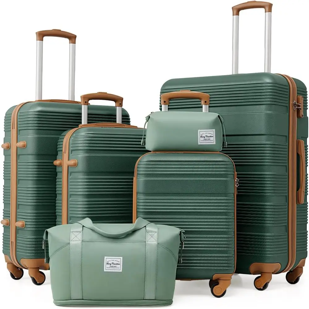 

Набор из 6 предметов для длительных поездок: легкий чемодан из ABS+PC с жестким корпусом, на колесиках-спиннерах, с замком TSA и молнией