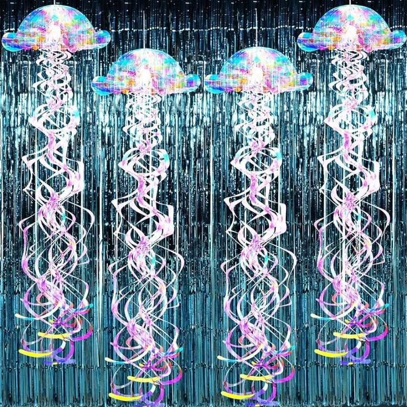 6 Piece Under Sea Mermaid Party Decorations Iridescent Jellyfish Blue Foil Fringe Curtains Backdrop for Birthday Party Supplies