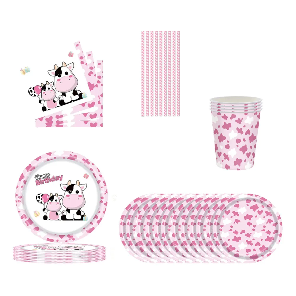 Pink Cow Theme Birthday Party Decorations Cow Print Disposable Tableware Set Paper Plates Napkins Cups