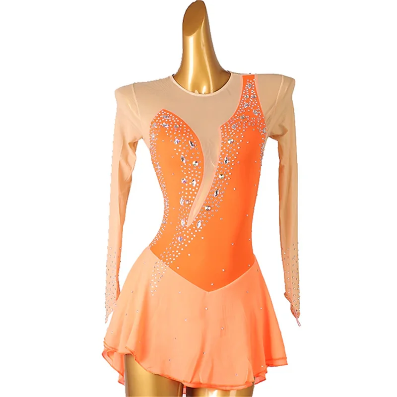 

Women Orange Rose Red Patchwork Open Back Mesh High Elasticity Training Competition Skating Wear Classic Rhinestone Ice Skating