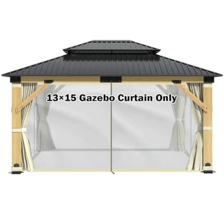 13' x 15' Wooden Gazebo Curtains Part Rod - Outdoor Hardtop Patio Gazebo  Netting Walls with Zipper Breathable Mesh and Privacy